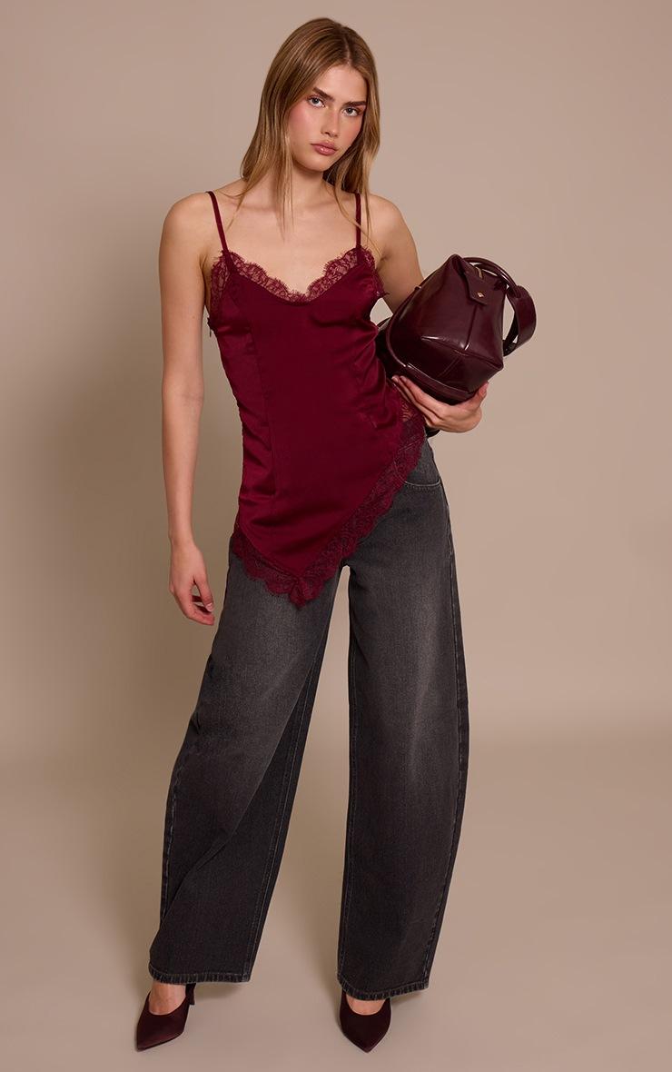 Pretty Little Thing Wine Satin Lace Detail Strappy Asymmetric Cami Top
