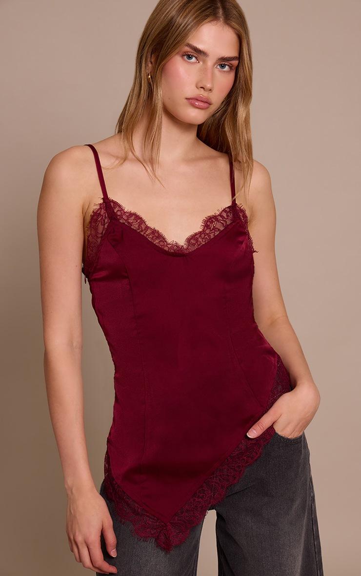 Pretty Little Thing Wine Satin Lace Detail Strappy Asymmetric Cami Top
