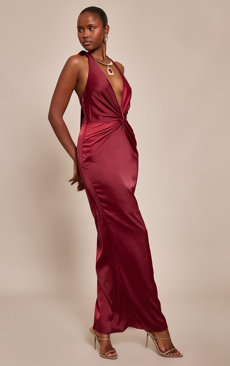Pretty Little Thing Wine Satin Twist Plunge Halterneck Maxi Dress