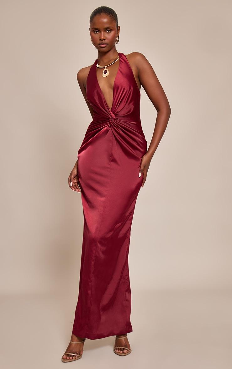 Pretty Little Thing Wine Satin Twist Plunge Halterneck Maxi Dress