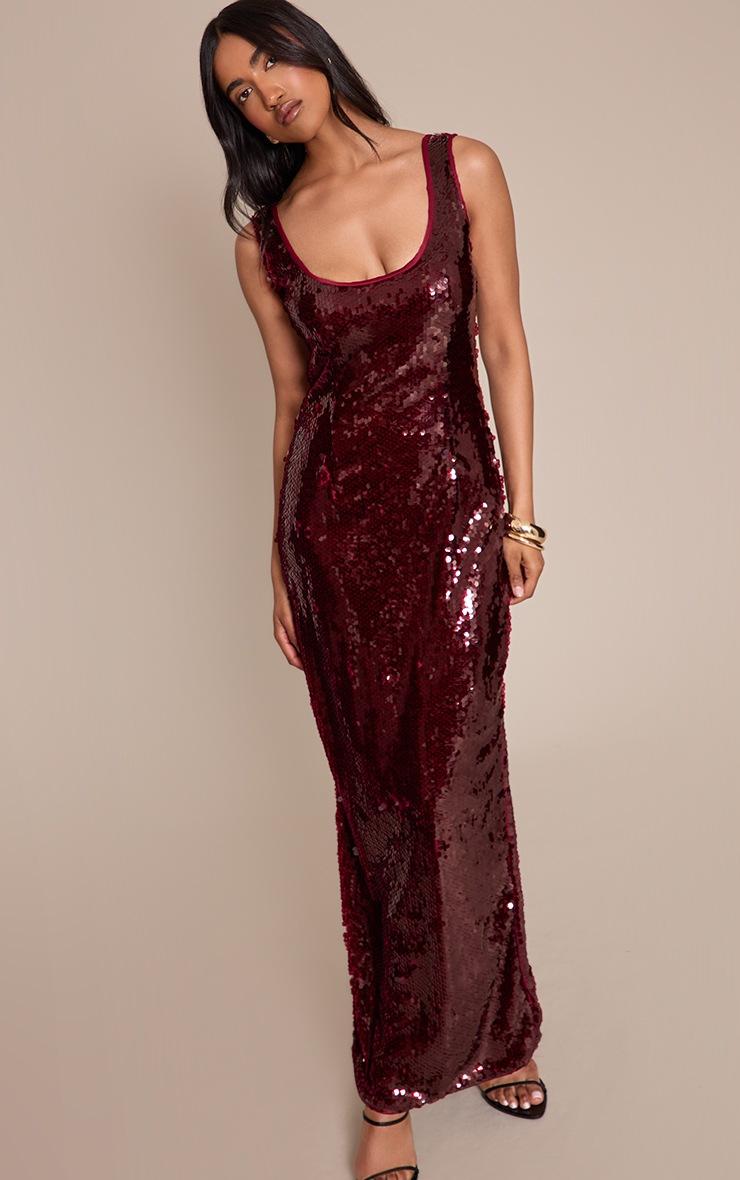 Pretty Little Thing Wine Sequin Scoop Neck Sleeveless Maxi Dress