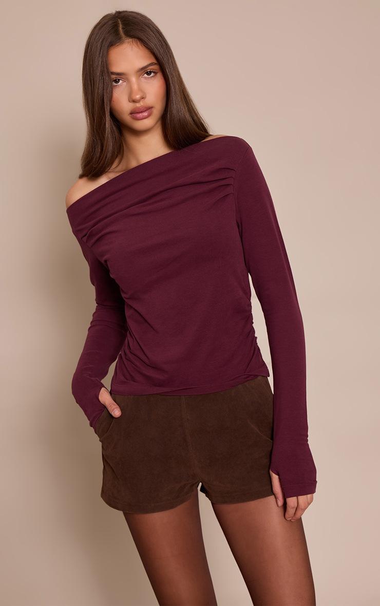 Pretty Little Thing Wine Soft Cotton Ruched Asymmetric Long Sleeve Top