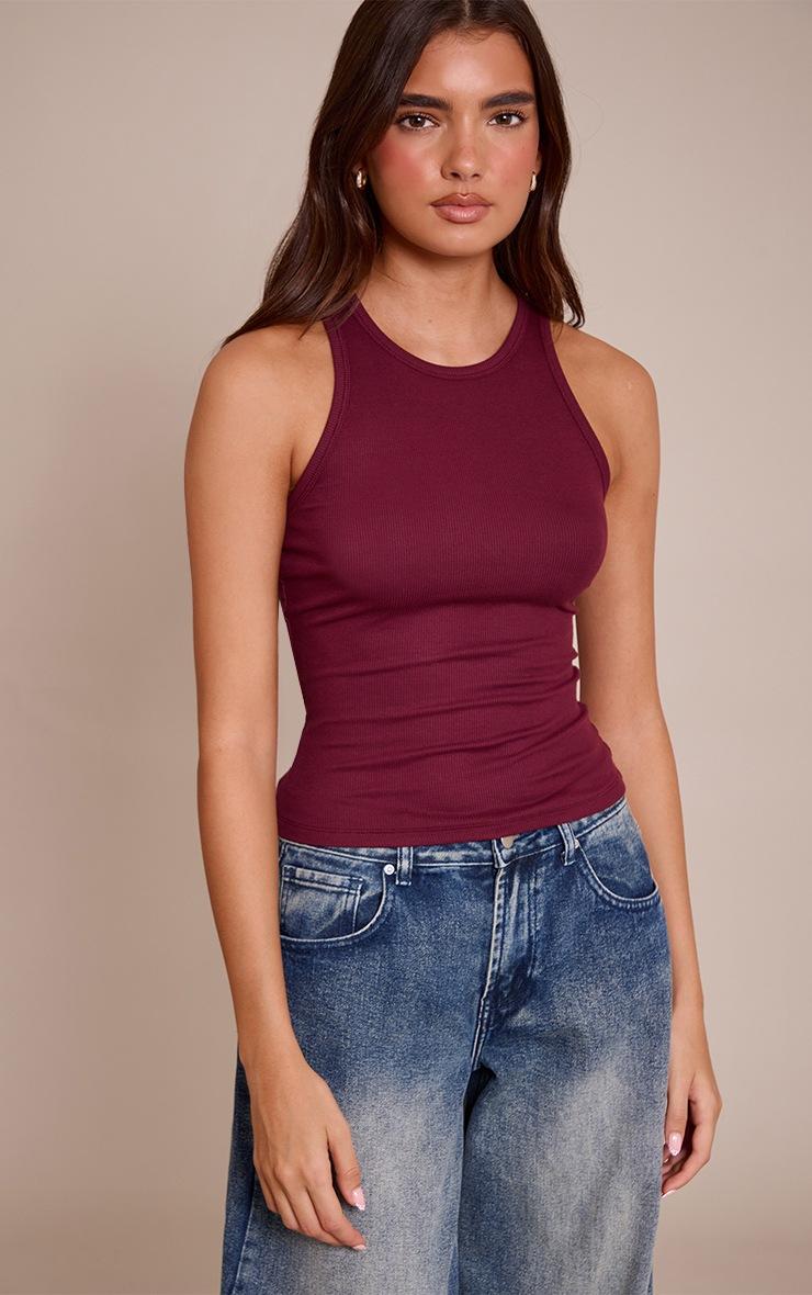 Pretty Little Thing Wine Soft Rib Racer Neck Vest Top