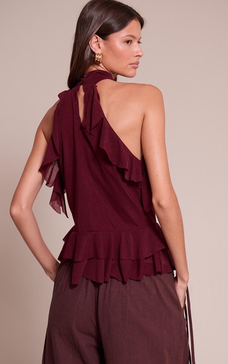 Pretty Little Thing Wine Stretch Chiffon Frill Detail Highneck Top