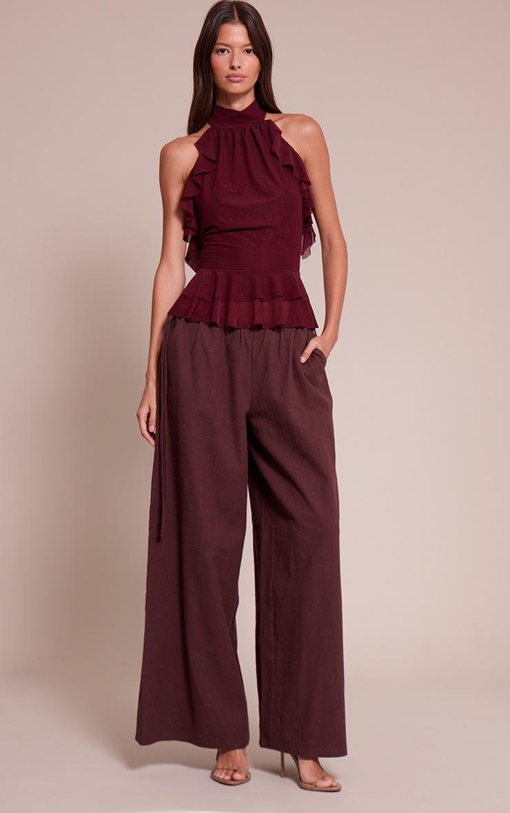 Pretty Little Thing Wine Stretch Chiffon Frill Detail Highneck Top