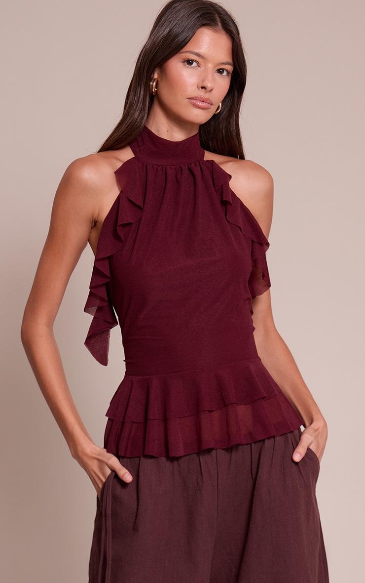Pretty Little Thing Wine Stretch Chiffon Frill Detail Highneck Top