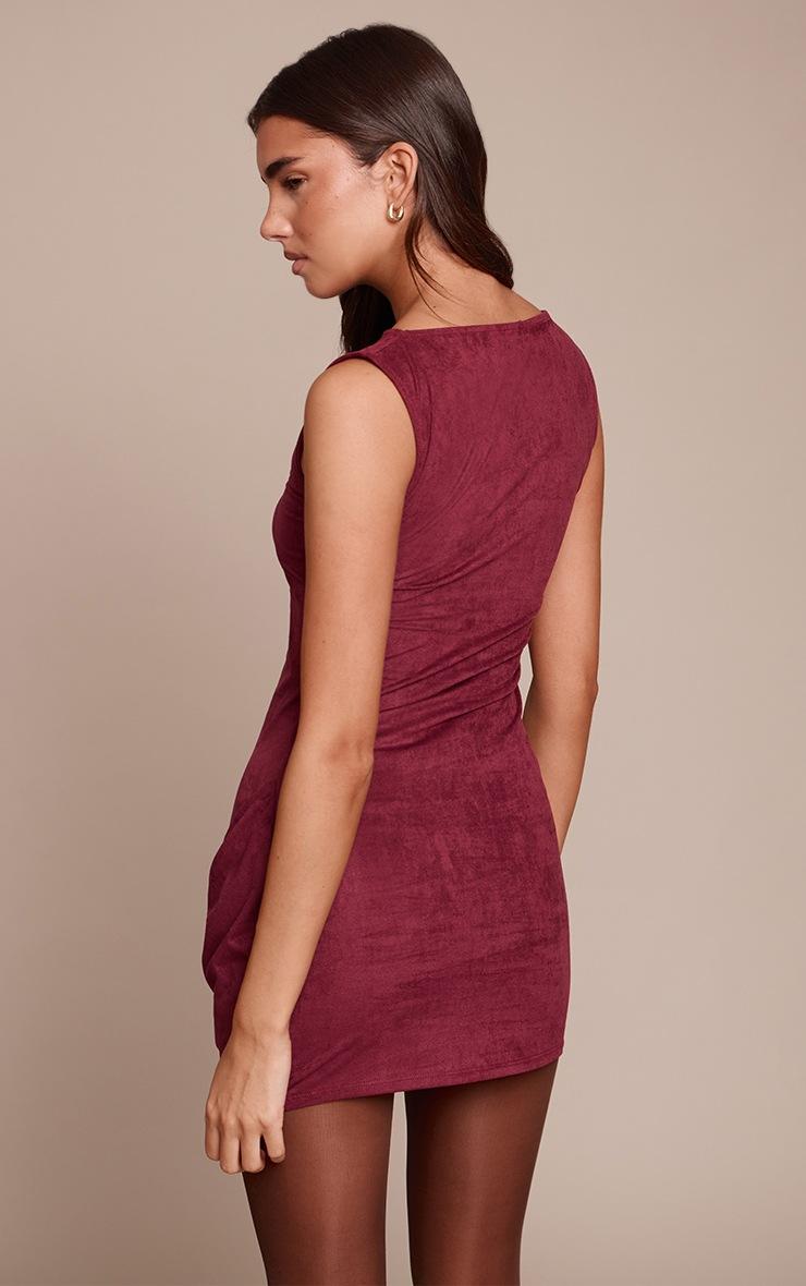 Pretty Little Thing Wine Suede Drape Detail Bodycon Dress