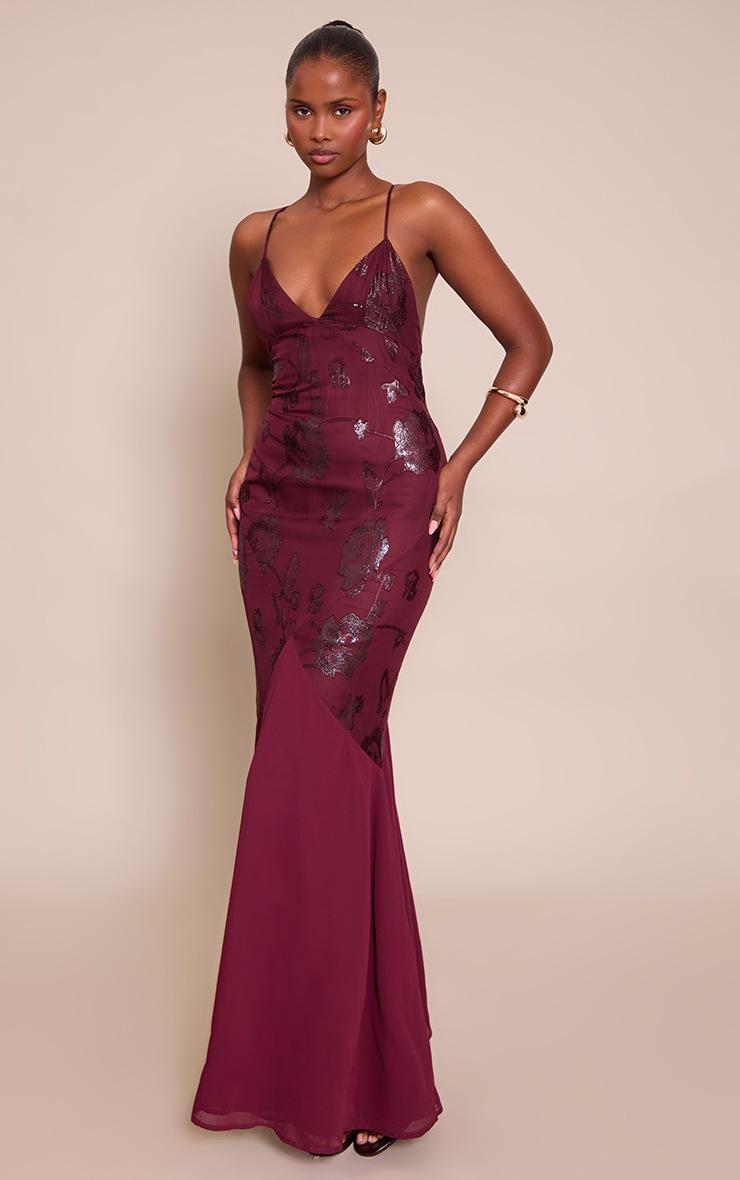 Pretty Little Thing Wine Textured Strappy Fishtail Maxi Dress