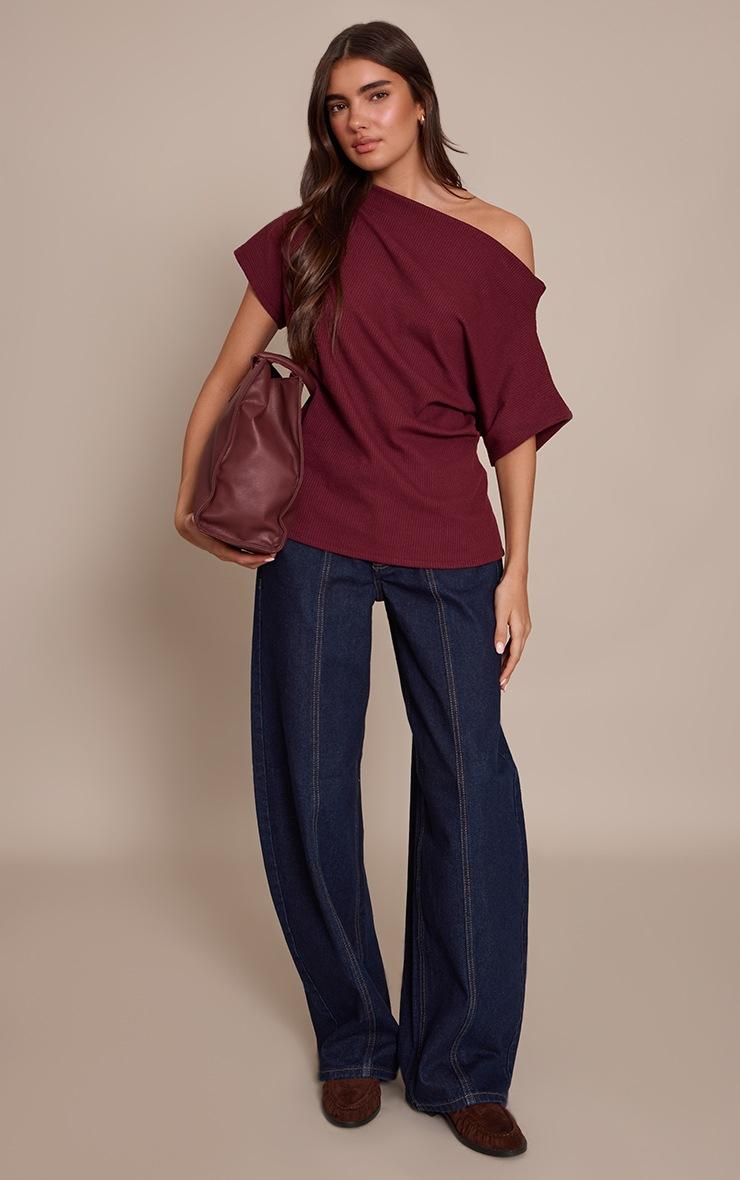 Pretty Little Thing Wine Thick Rib Asymmetric Slouchy Long Top