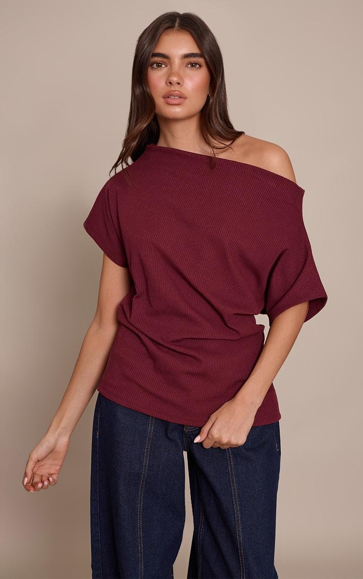 Pretty Little Thing Wine Thick Rib Asymmetric Slouchy Long Top