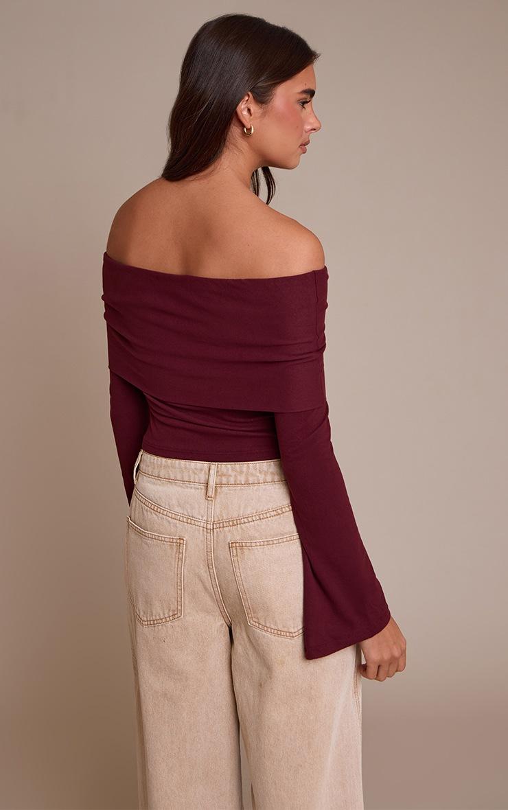 Pretty Little Thing Wine Ultra Soft Deep Foldover Bardot Long Sleeve Top
