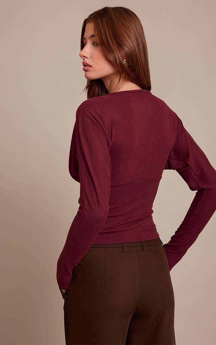 Pretty Little Thing Wine Ultra Soft Plunge Detail Long Sleeve Top