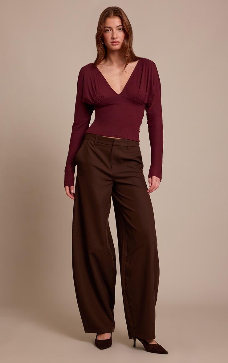 Pretty Little Thing Wine Ultra Soft Plunge Detail Long Sleeve Top