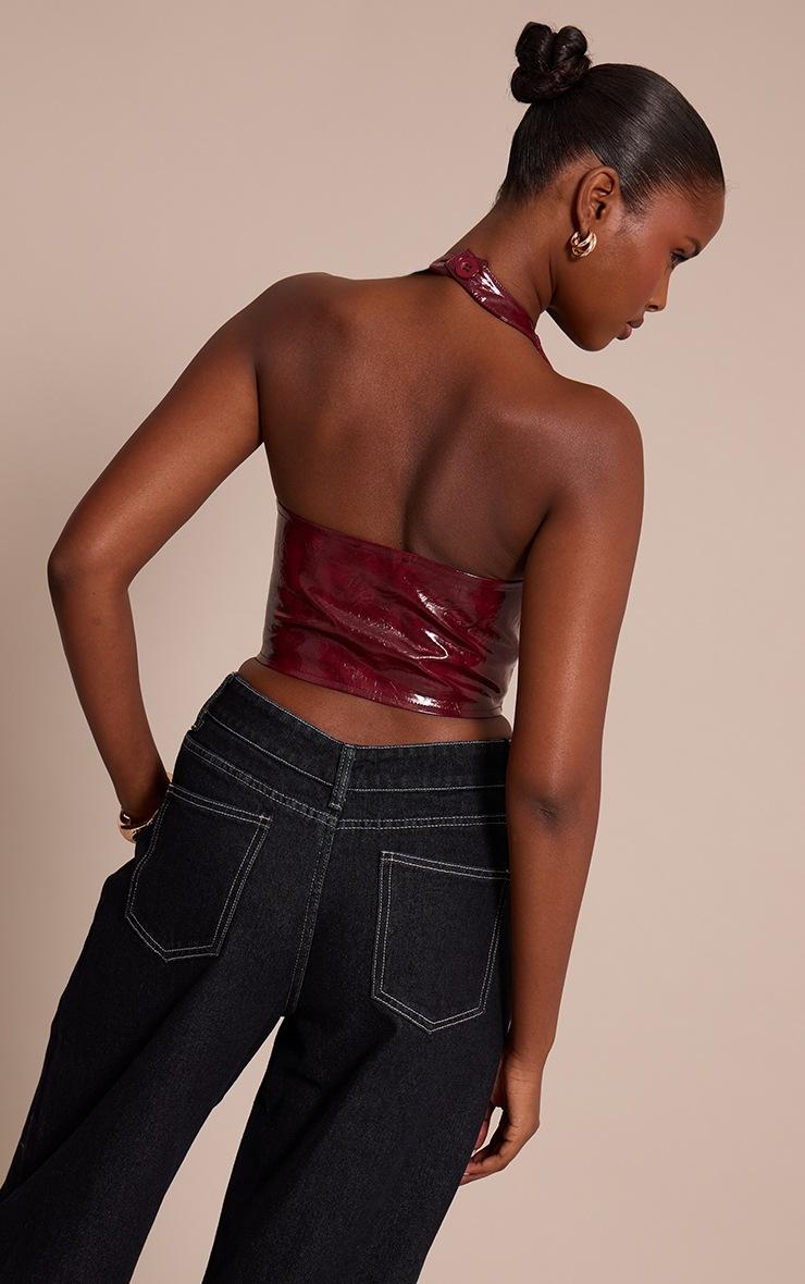 Pretty Little Thing Wine Washed Faux Leather Lace Up Plunge Halterneck Top