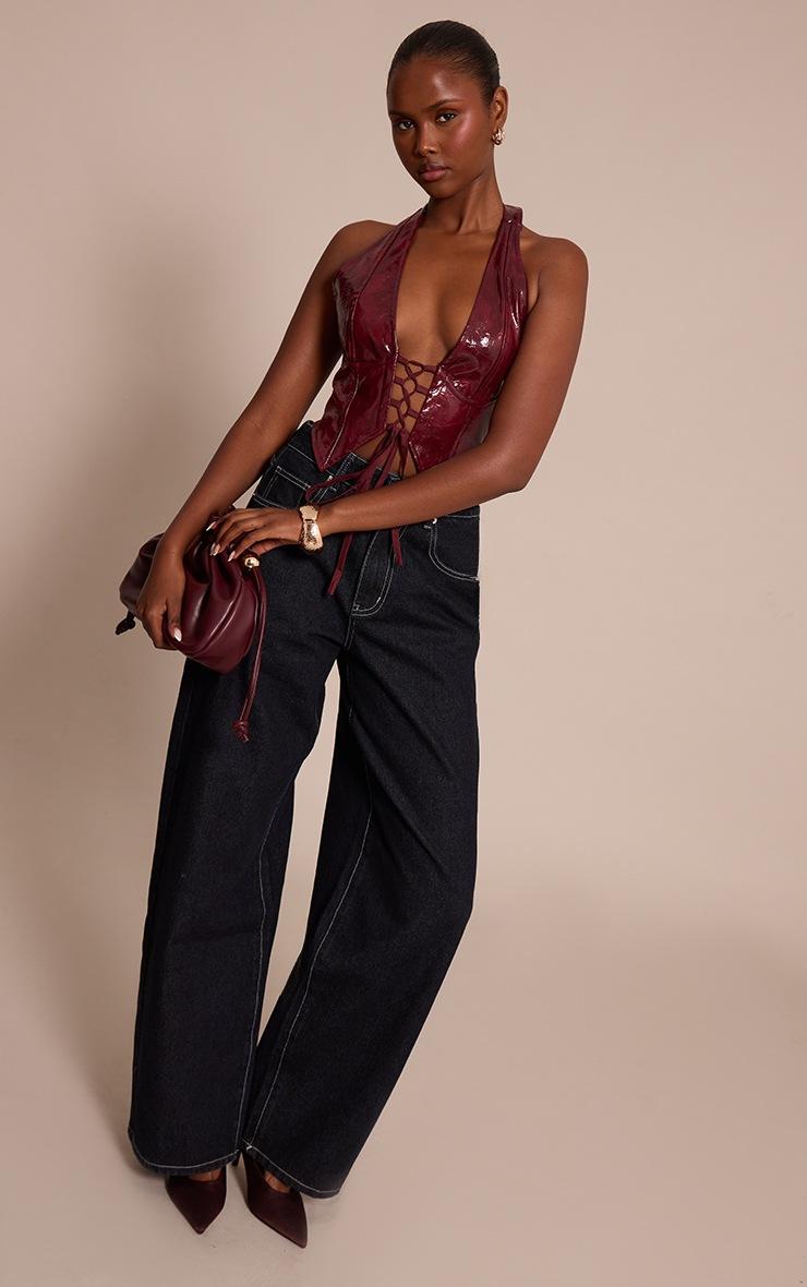 Pretty Little Thing Wine Washed Faux Leather Lace Up Plunge Halterneck Top