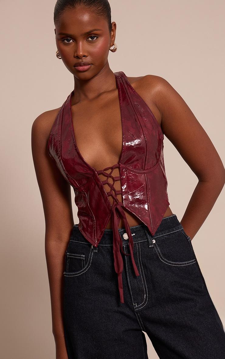 Pretty Little Thing Wine Washed Faux Leather Lace Up Plunge Halterneck Top