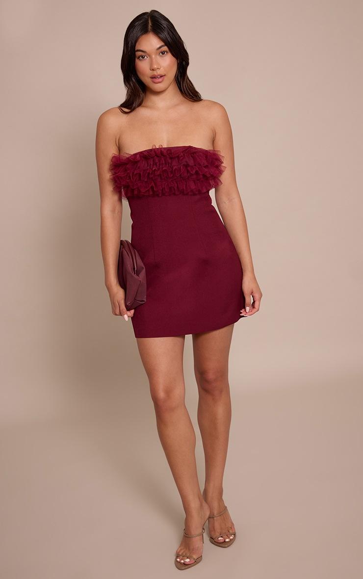 Pretty Little Thing Wine Woven Ruffle Bandeau Shift Dress
