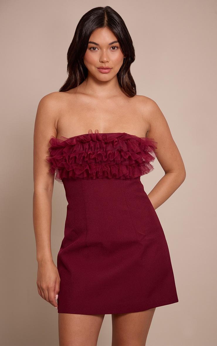 Pretty Little Thing Wine Woven Ruffle Bandeau Shift Dress