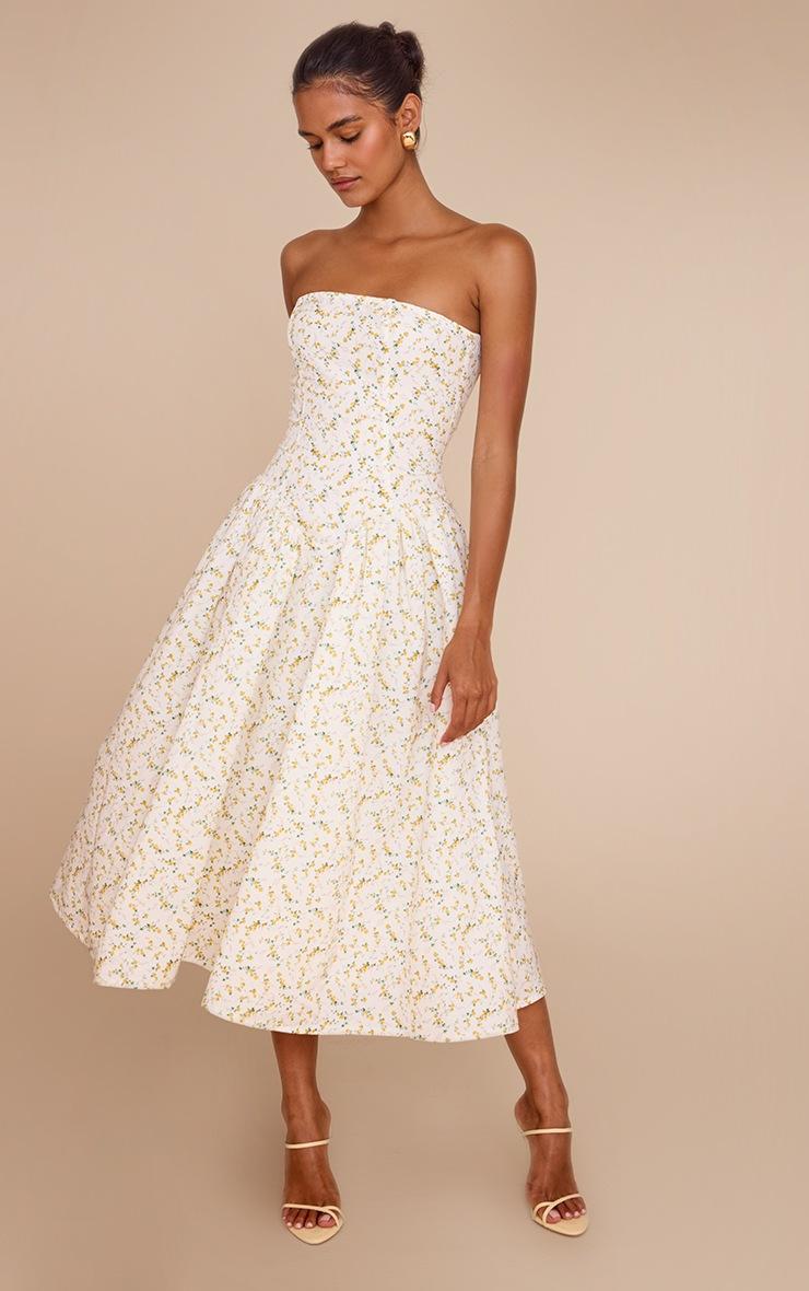 Pretty Little Thing Yellow Ditsy Printed Bandeau Skater Midaxi Dress