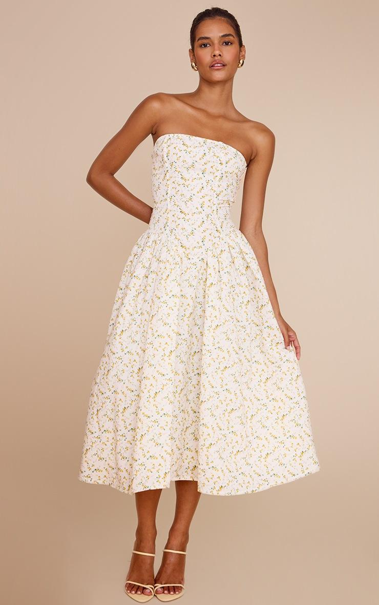 Pretty Little Thing Yellow Ditsy Printed Bandeau Skater Midaxi Dress