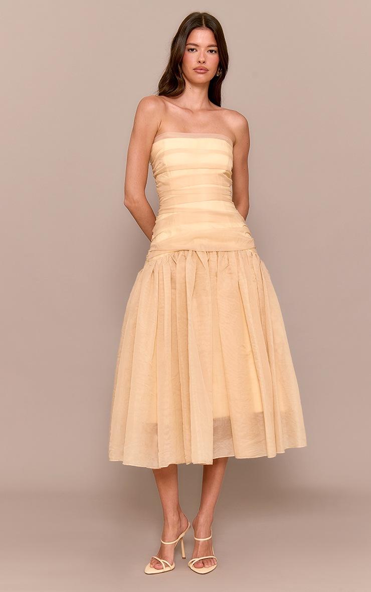 Pretty Little Thing Yellow Organza Ruched Bodice Midi Dress