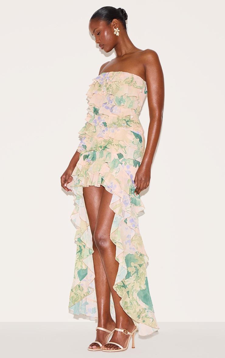 Pretty Little Thing Yellow Printed Ruffled Bandeau Maxi Dress