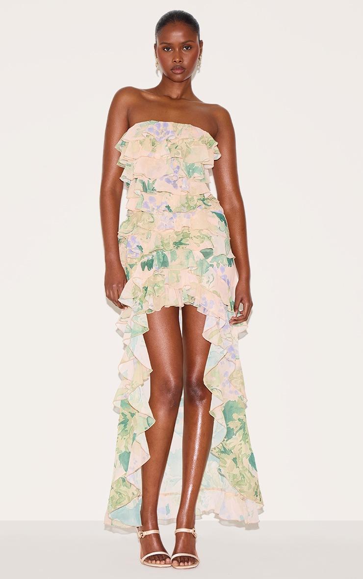 Pretty Little Thing Yellow Printed Ruffled Bandeau Maxi Dress